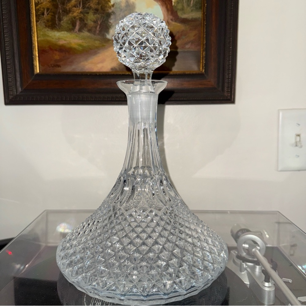 Vtg Empoli Lead Crystal Diamond Point Ships Decanter W/ Stop ~ Italy  11” X 7.5”